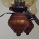 French 5 Light Mid Century Chandelier Wood Metal & Patterned Glass Shades