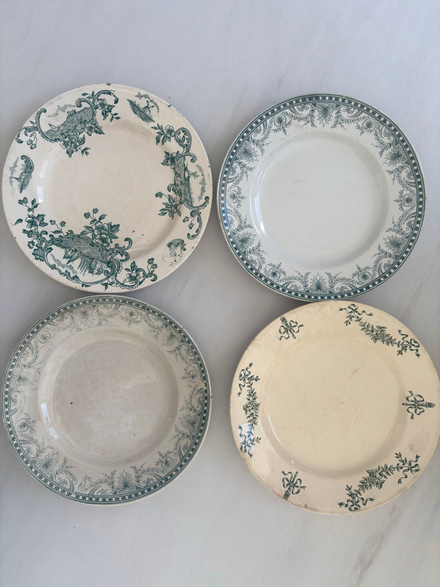 Lot of 6 green ironstone plates, antique French faience.