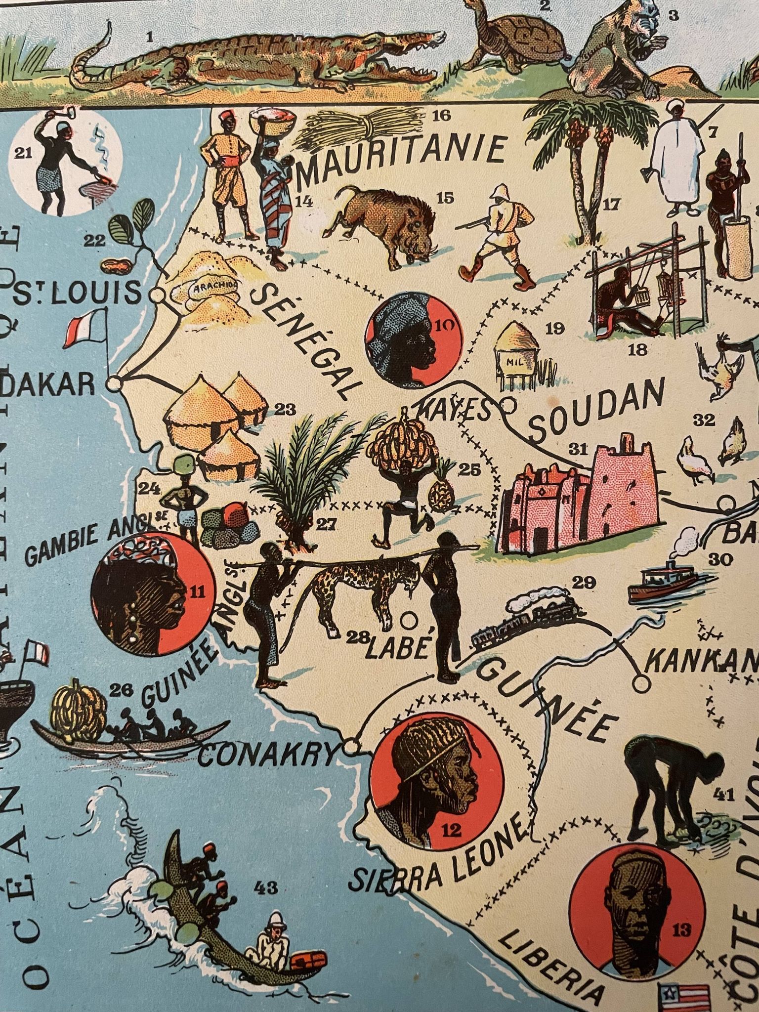 Old poster map of French West Africa Senegal Guinea Sudan - 1931