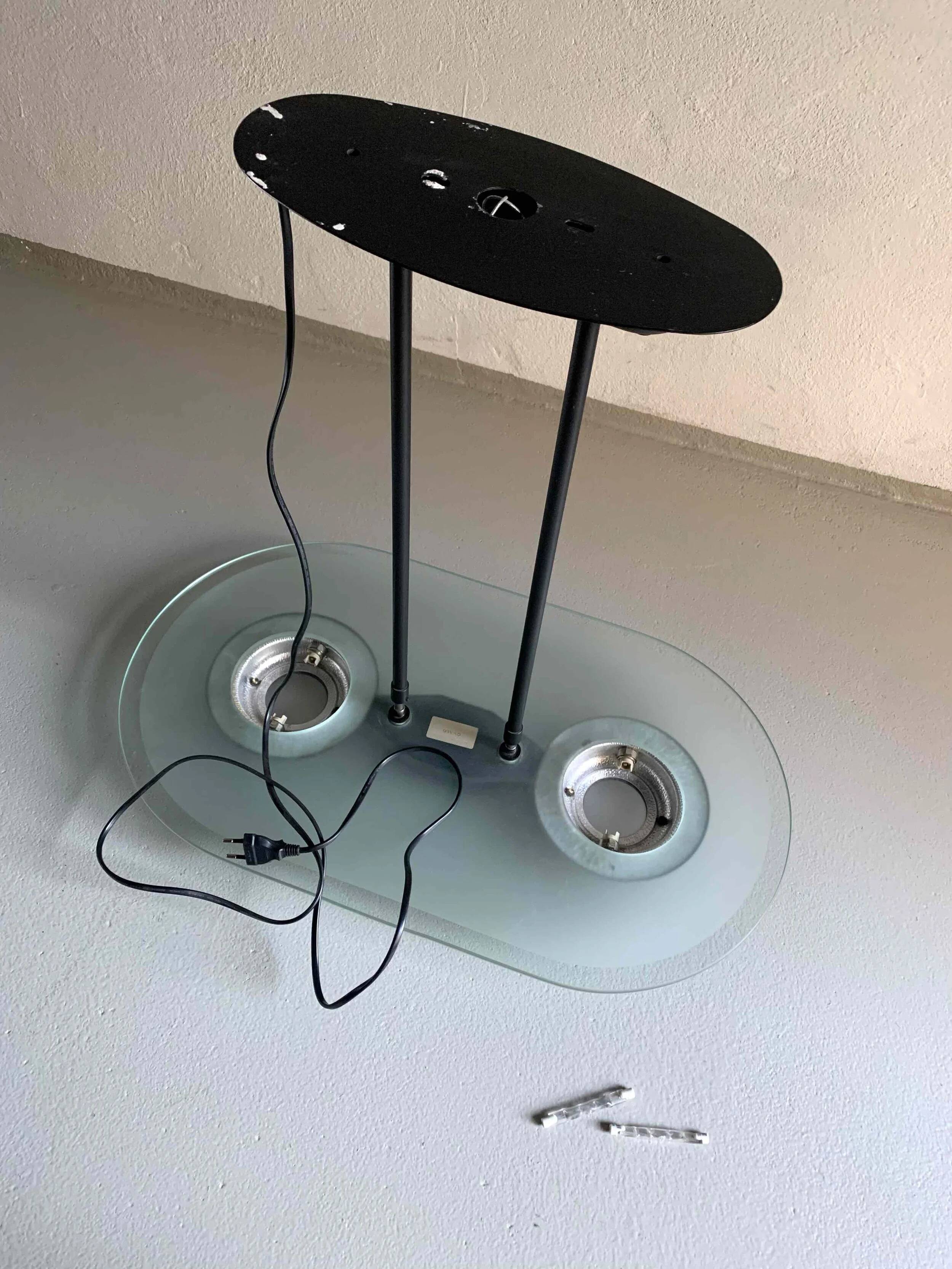 Postmodern black metal glass ceiling lamp | 1990s