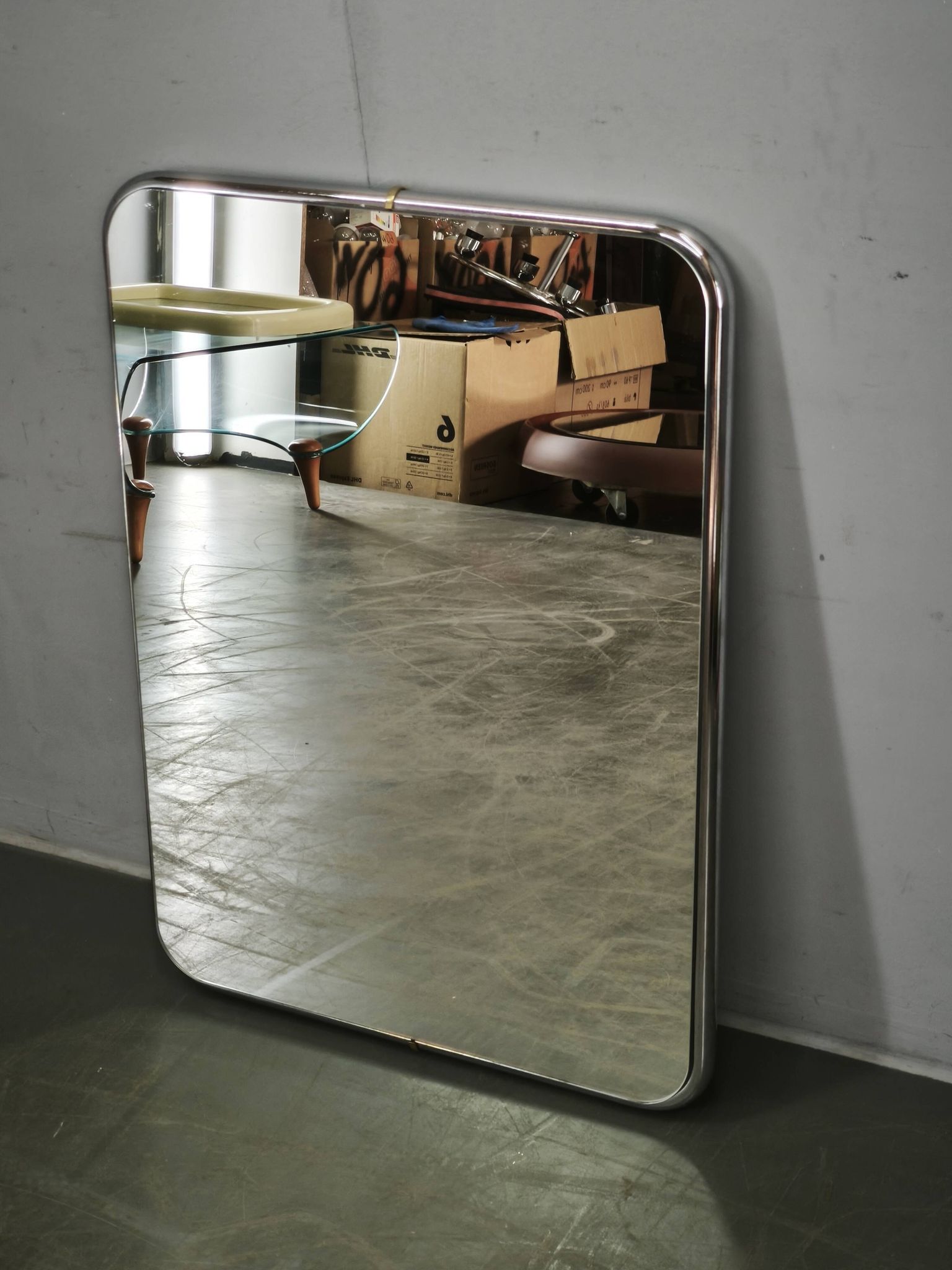 Italian Space Age Chrome and Brass Rectangular Wall Mirror, 1970s