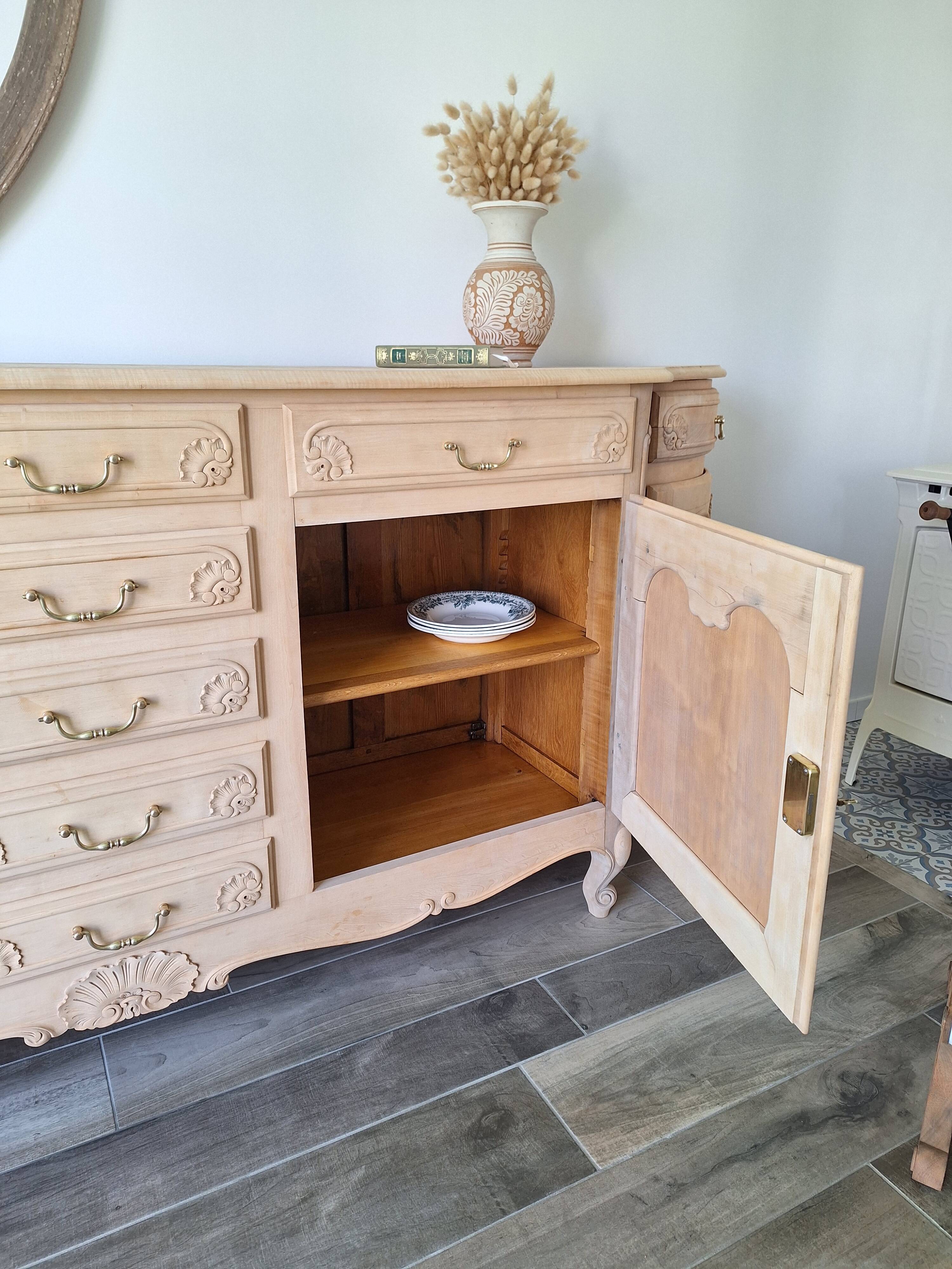 Low buffet in renovated solid cherry wood – Revisited Louis XV style – 250 cm