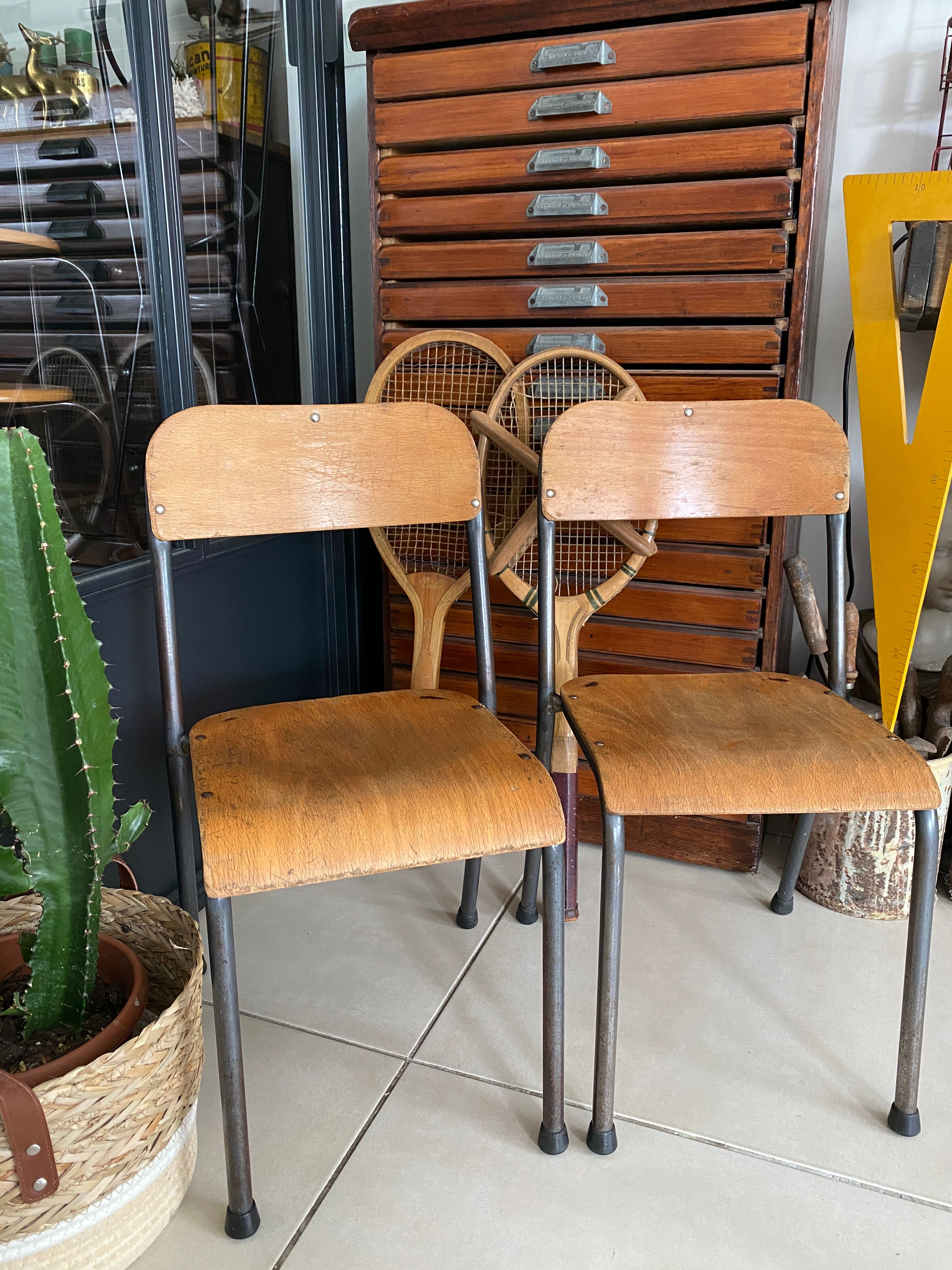 Pair of wooden and metal children's chairs