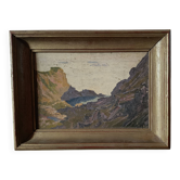 French vintage original oil painting on board, unsigned coastal mountain la