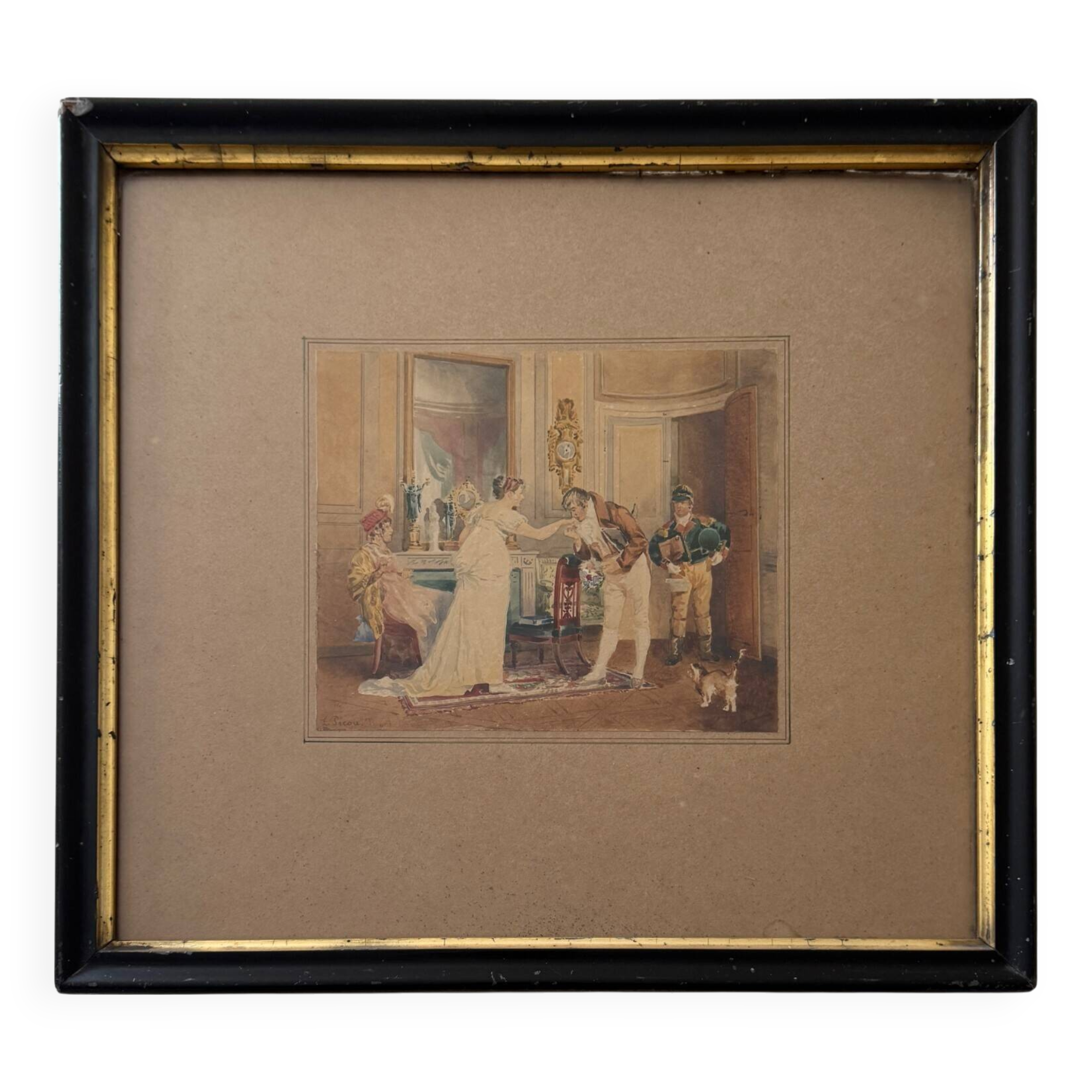 Watercolor paper scene of a bourgeois interior by Eugènes Charles Picou, 19th century