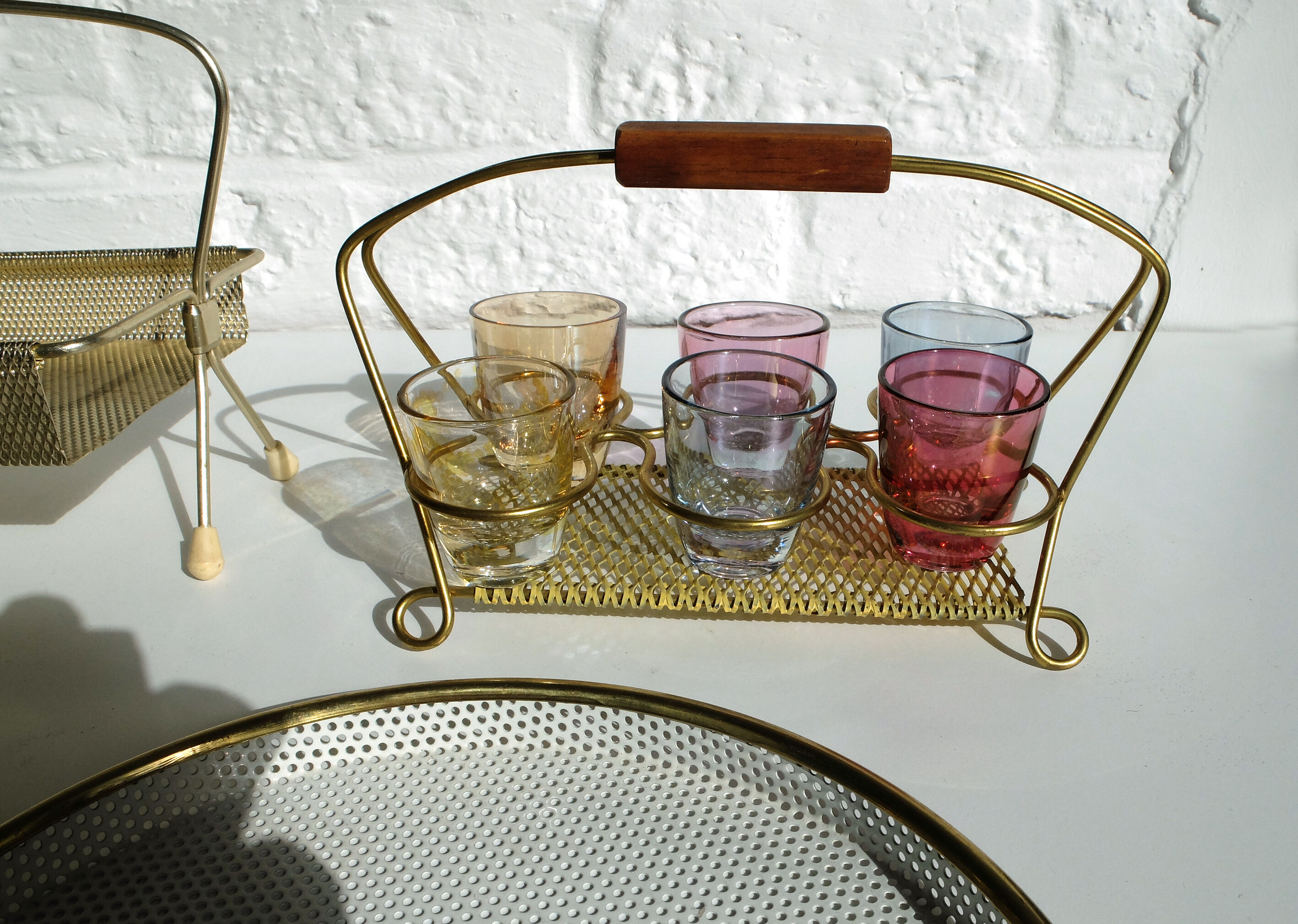 Brass liquor service and multi-color glasses Gold Display Mid-Century 1950s-60s