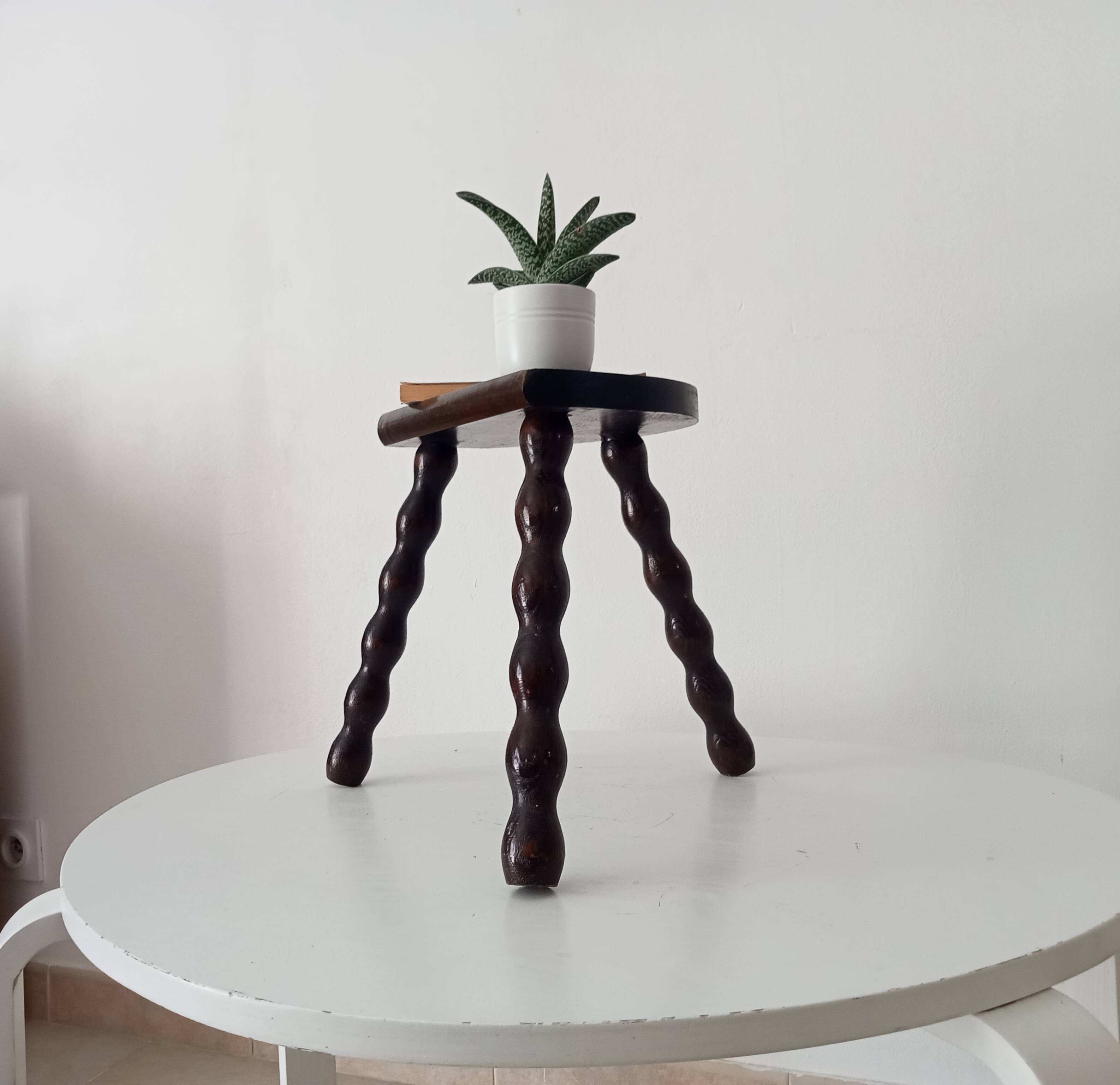 Vintage turned wooden tripod stool
