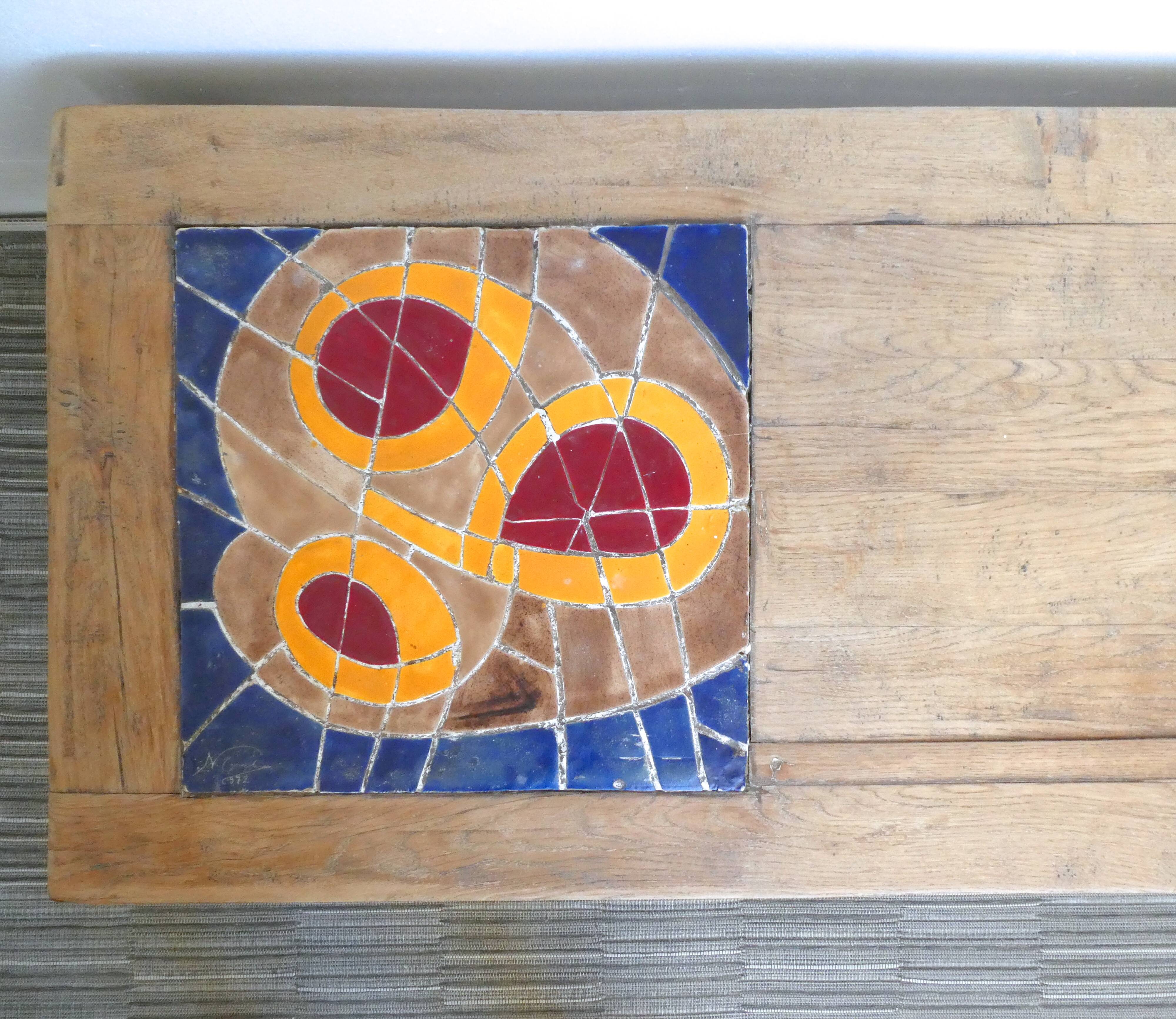 Solid wood and ceramic coffee table, 70s