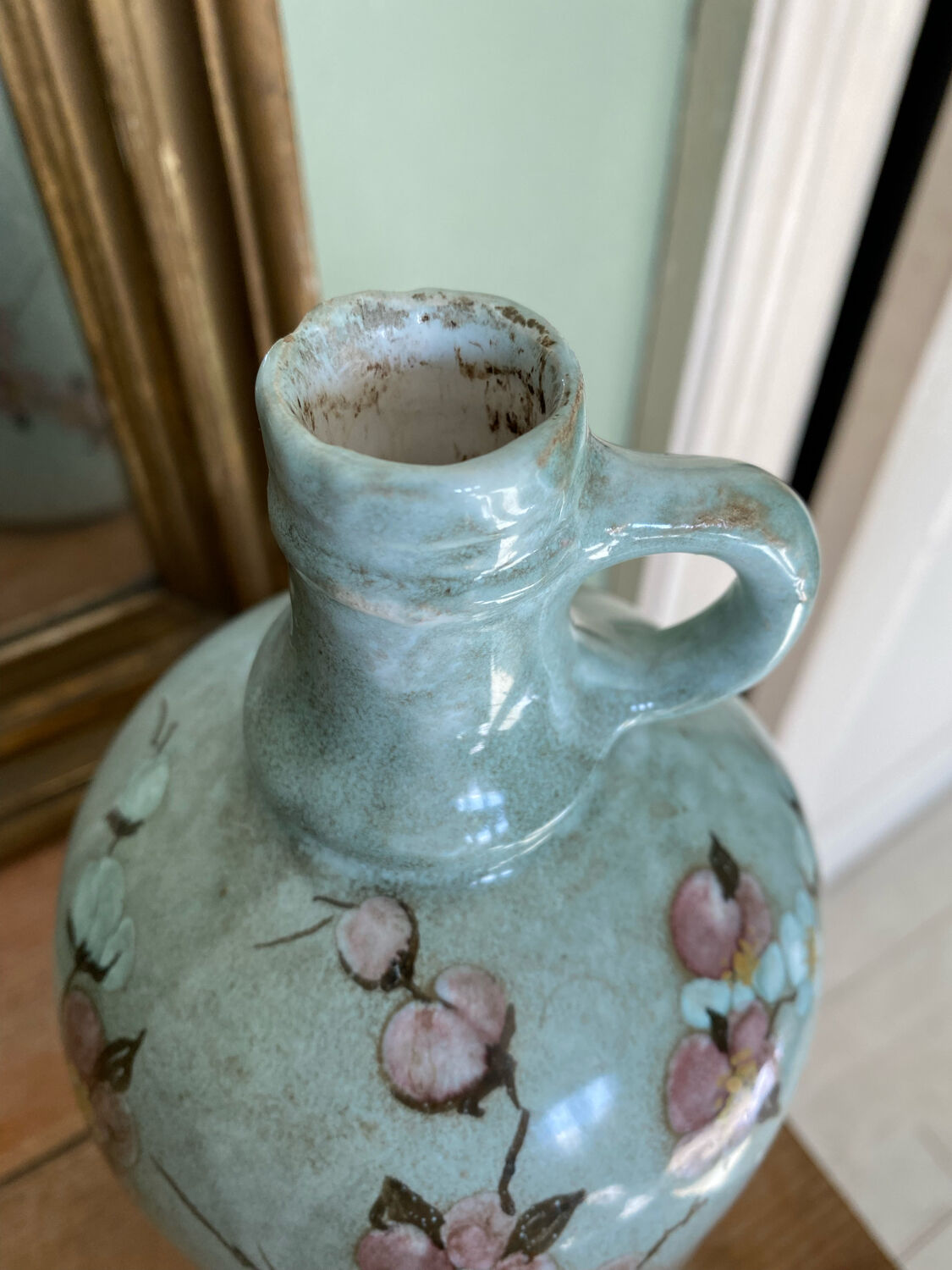 Signed ceramic bottle vase, cherry blossoms, 70s