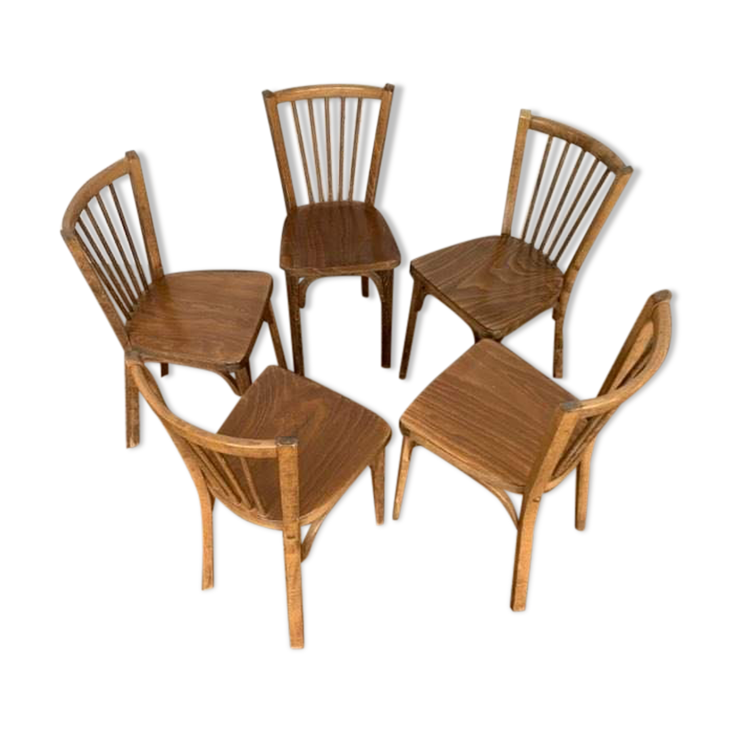 Series of 5 old baumann bistro chairs in curved wood