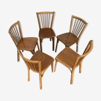Series of 5 old baumann bistro chairs in curved wood