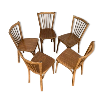 Series of 5 old baumann bistro chairs in curved wood