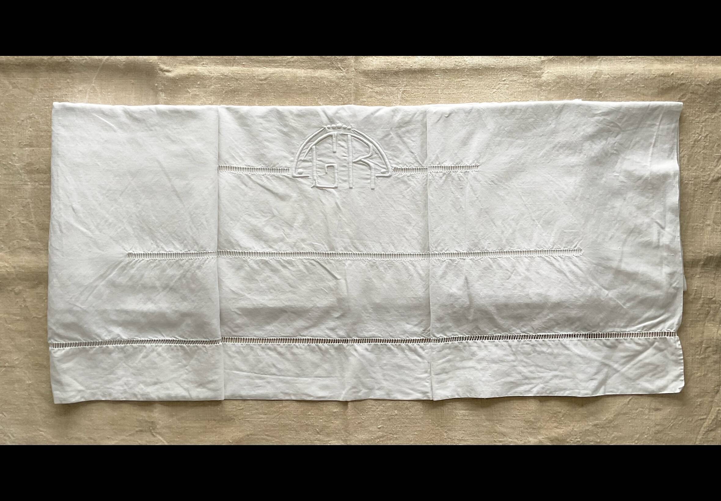 Antique linen sheet hand-embroidered with GR monogram
