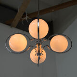 Art deco opaline glass wood and chrome chandelier, 1930s