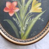 Set of 2 small oval paintings, flowers
