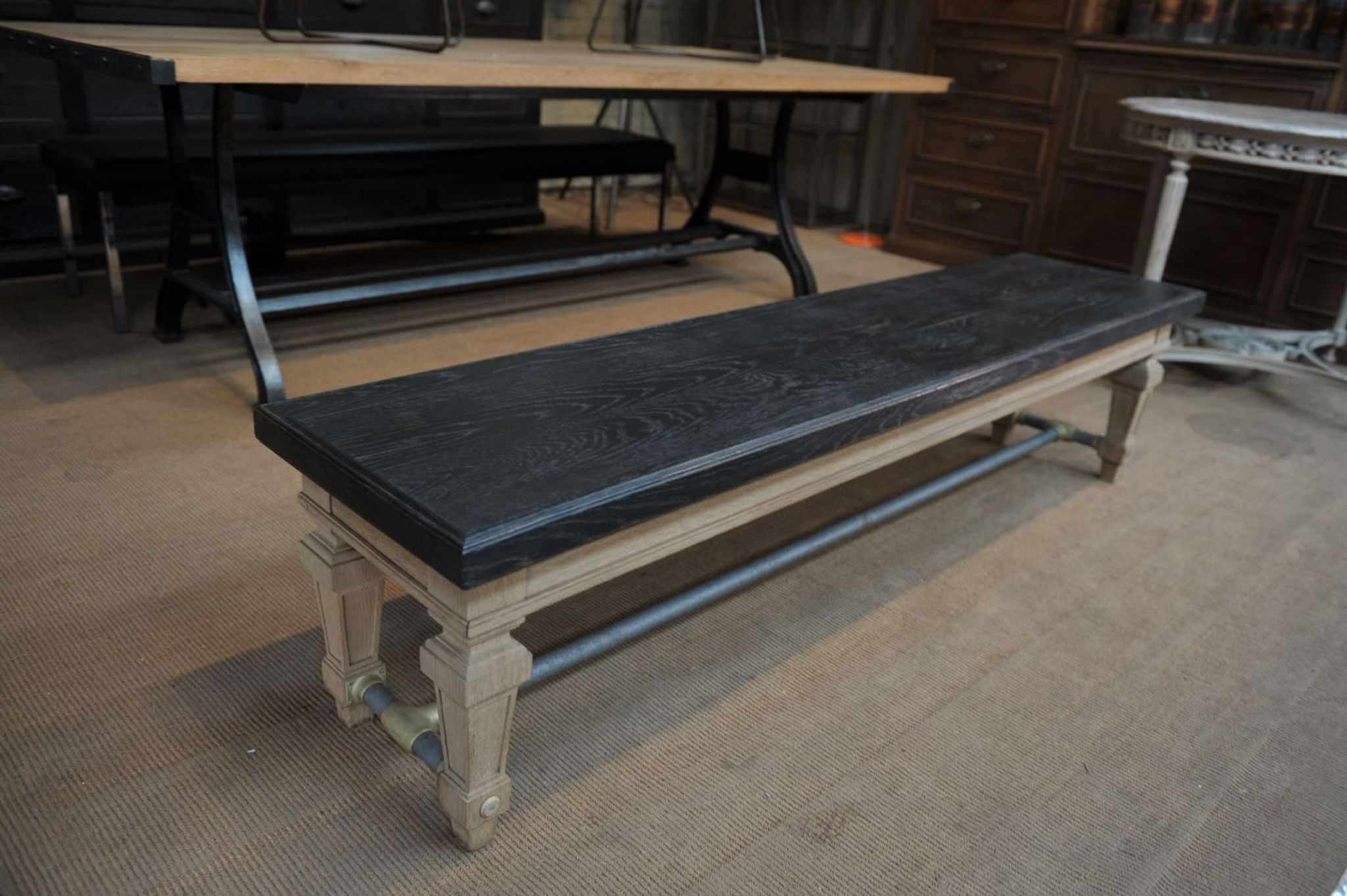 Ancient bench in solid oak and french bank brass