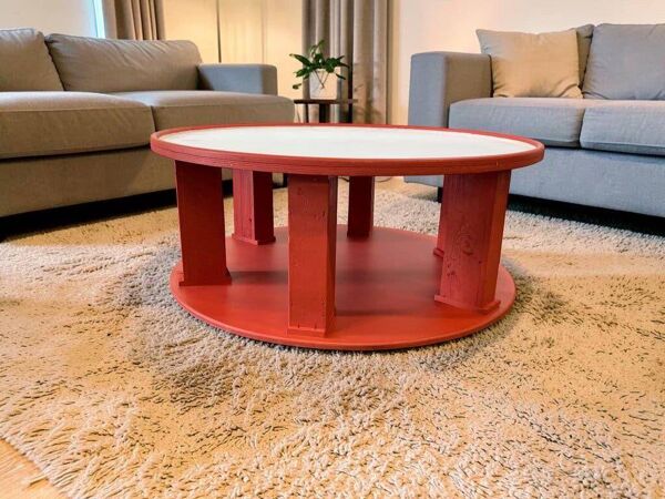 Grande table basse ronde vintage XL orange en bois / table basse