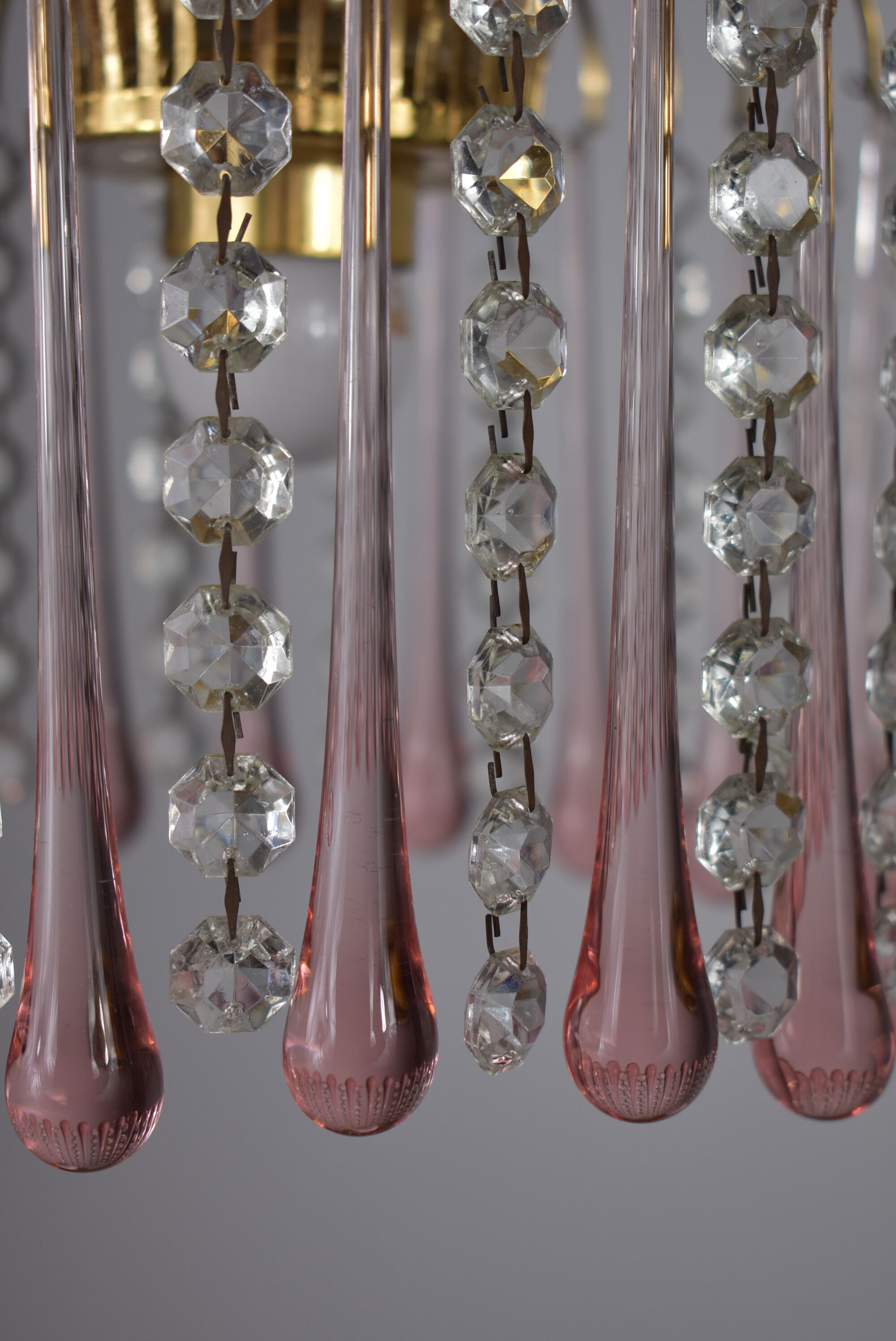 chandelier glass stamps, pink glass drops.