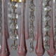 chandelier glass stamps, pink glass drops.