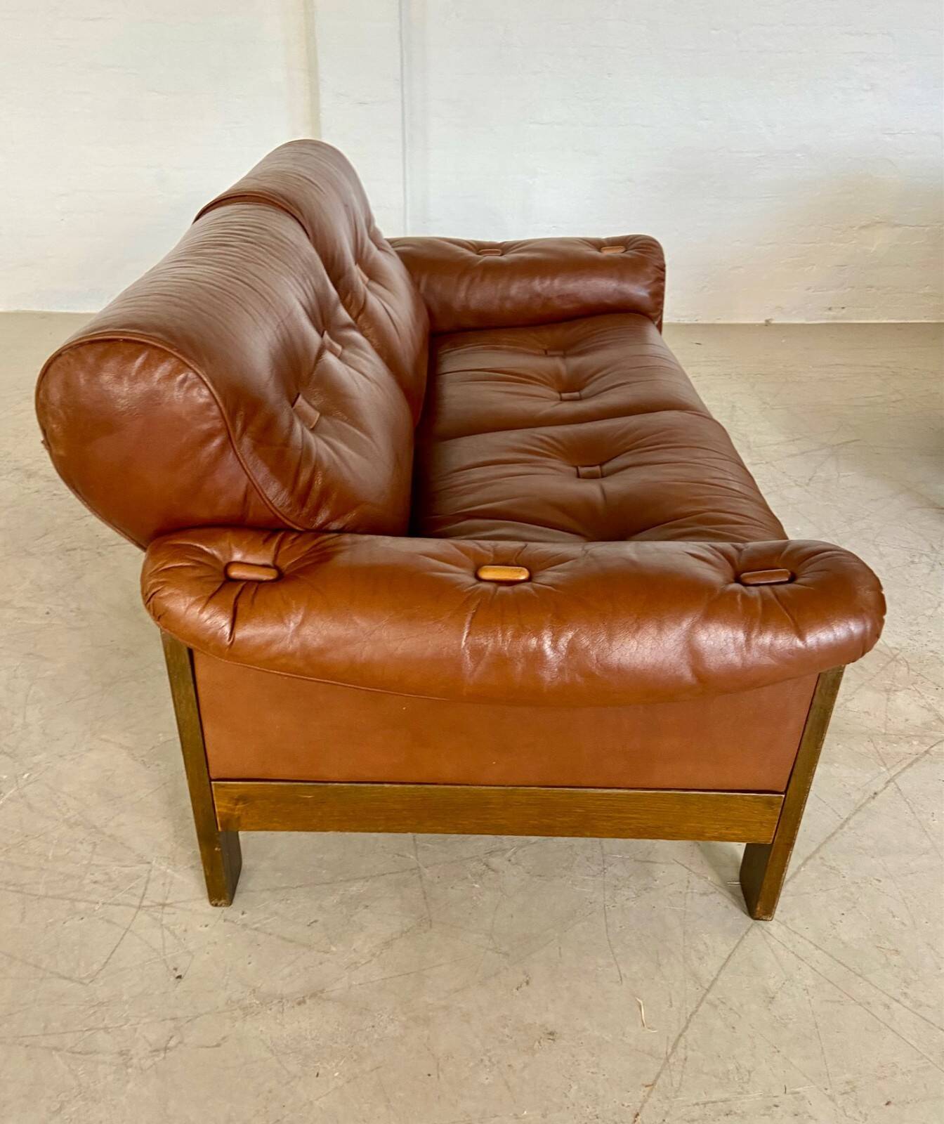 Vintage Danish mid-century cognac brown leather 2-seater Stouby 1970s