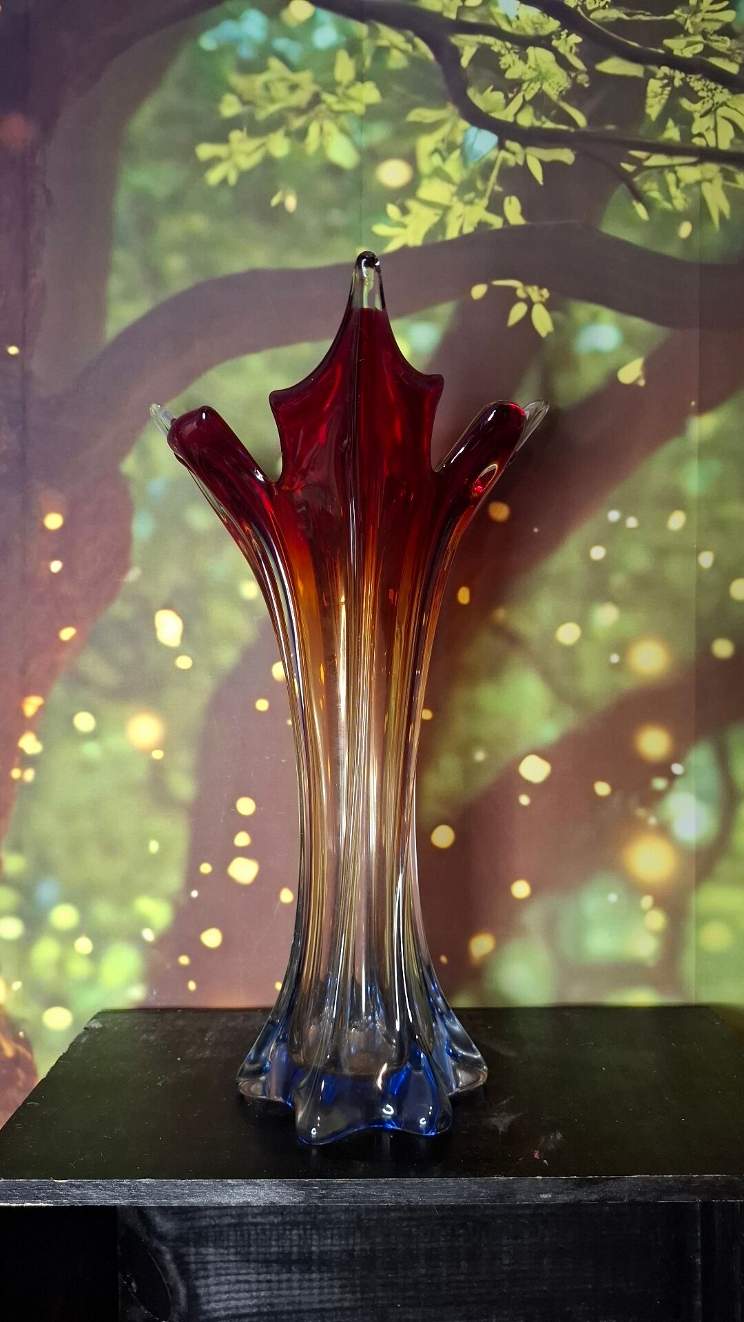 Murano glass vase, blown, gradient red, original antique label.