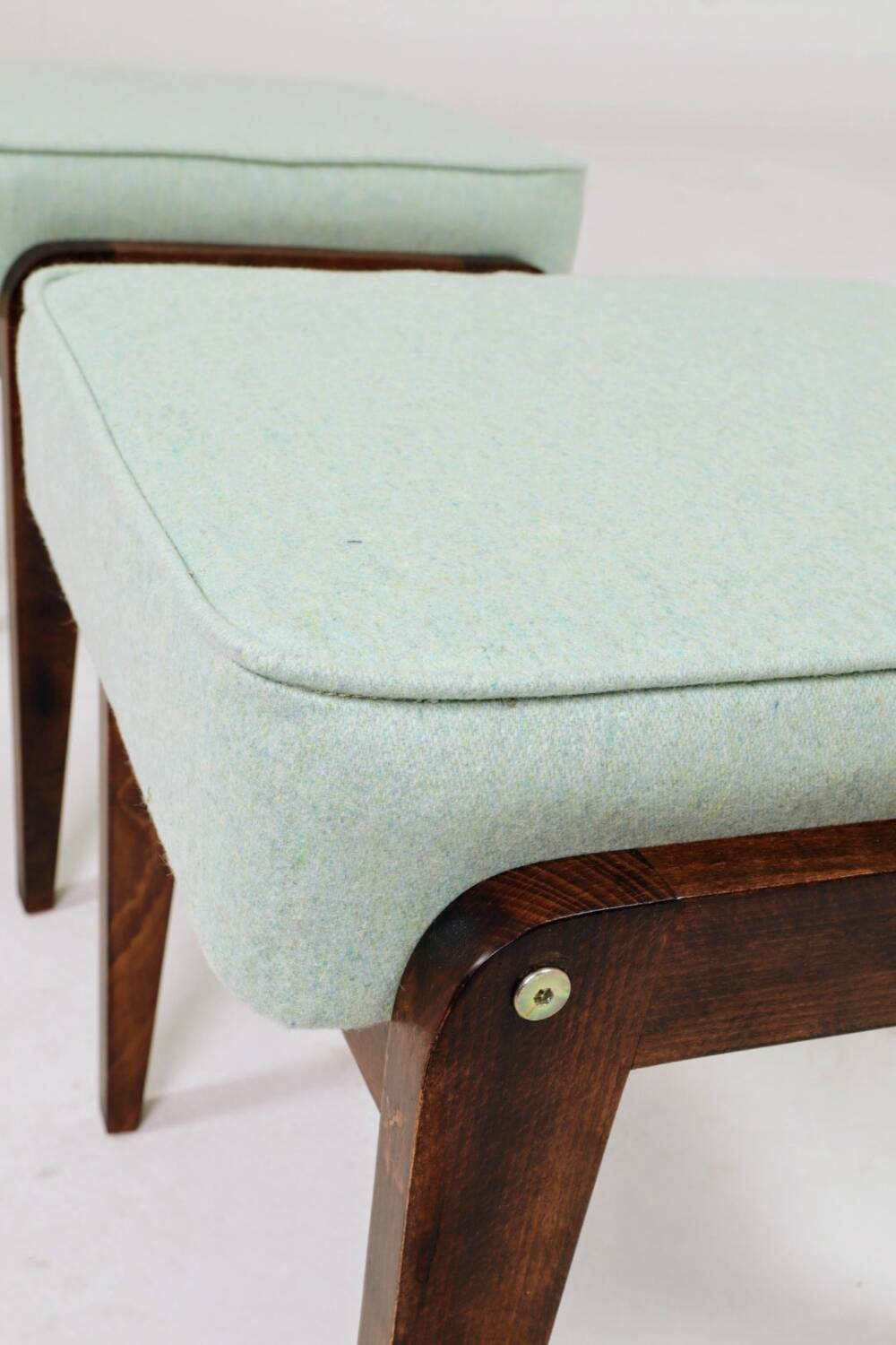 Vintage children's chair stool in pistachio green, mid-century modern design.
