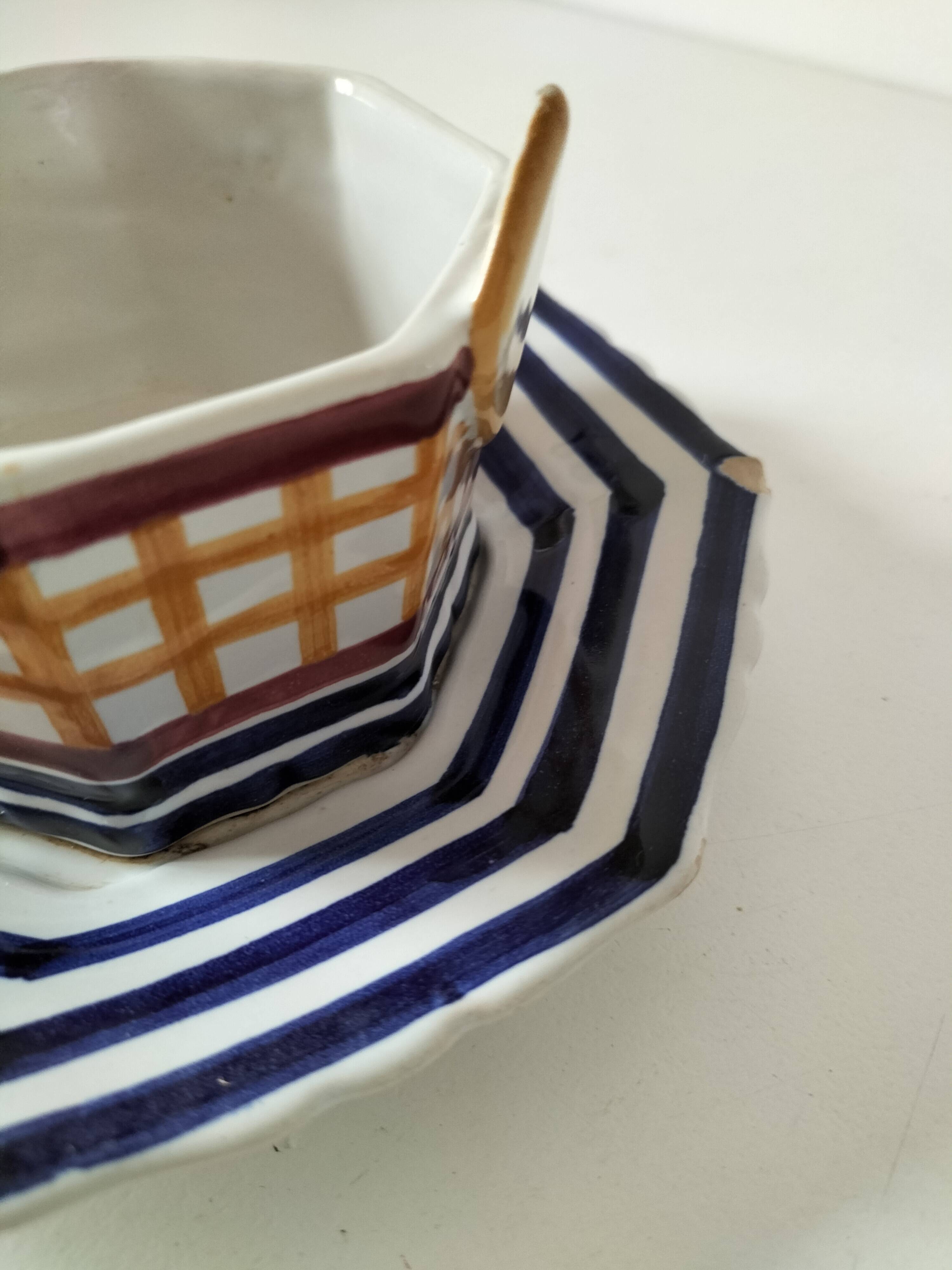 HB Quimper octagonal butter dish, hand-painted graphic design.