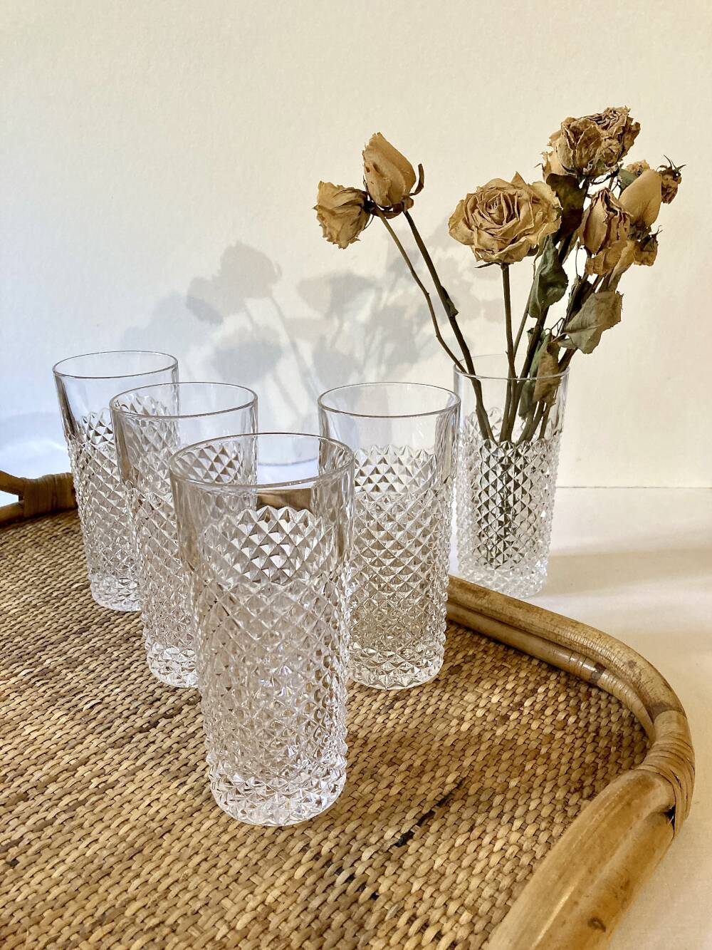 5 vintage glasses with a diamond point pattern
