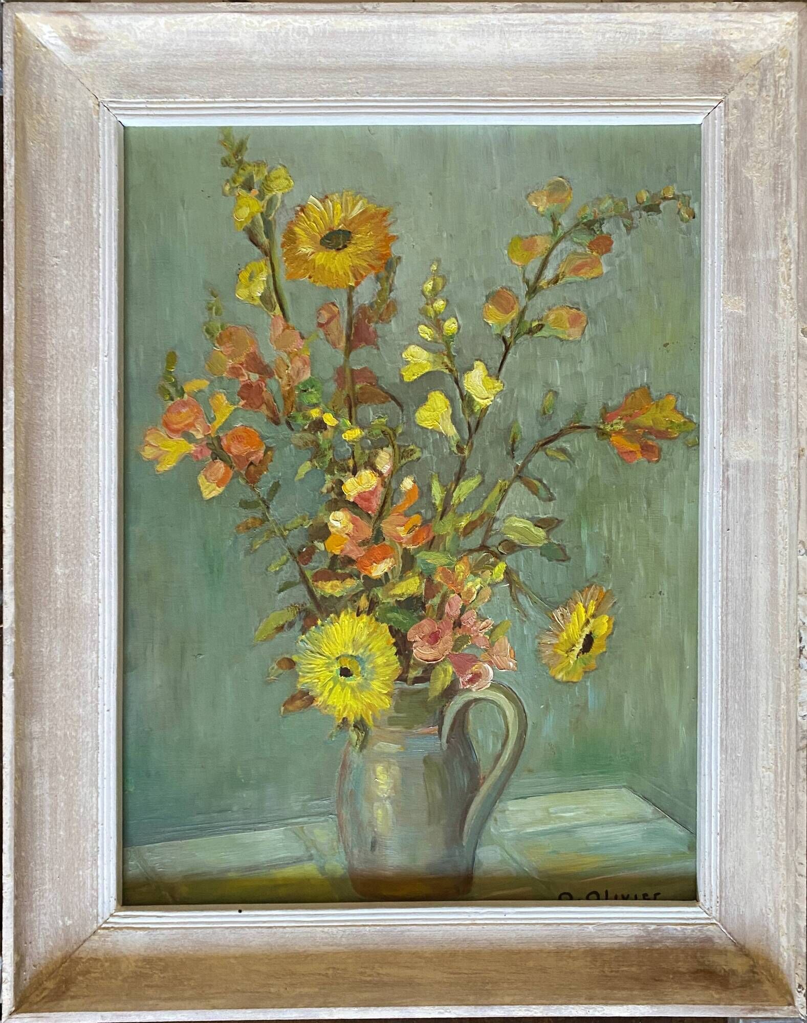 HSP painting "vase with bouquet of flowers" signed O. Olivier + frame
