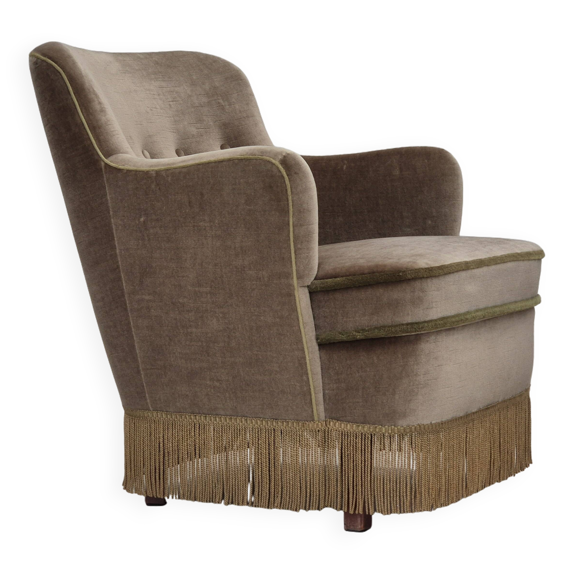 1970s, Danish lounge chair, original condition, furniture velour, beech wood legs.