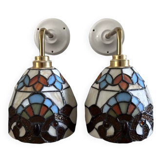 Pair of stained glass wall sconces