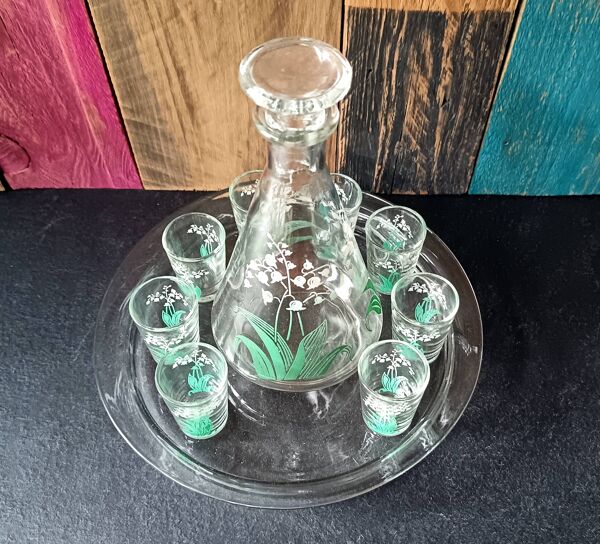 Service à liqueur motif muguet sérigraphiés vintage 1940/50