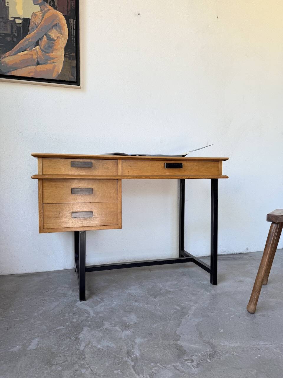 Modernist 50s oak metal desk