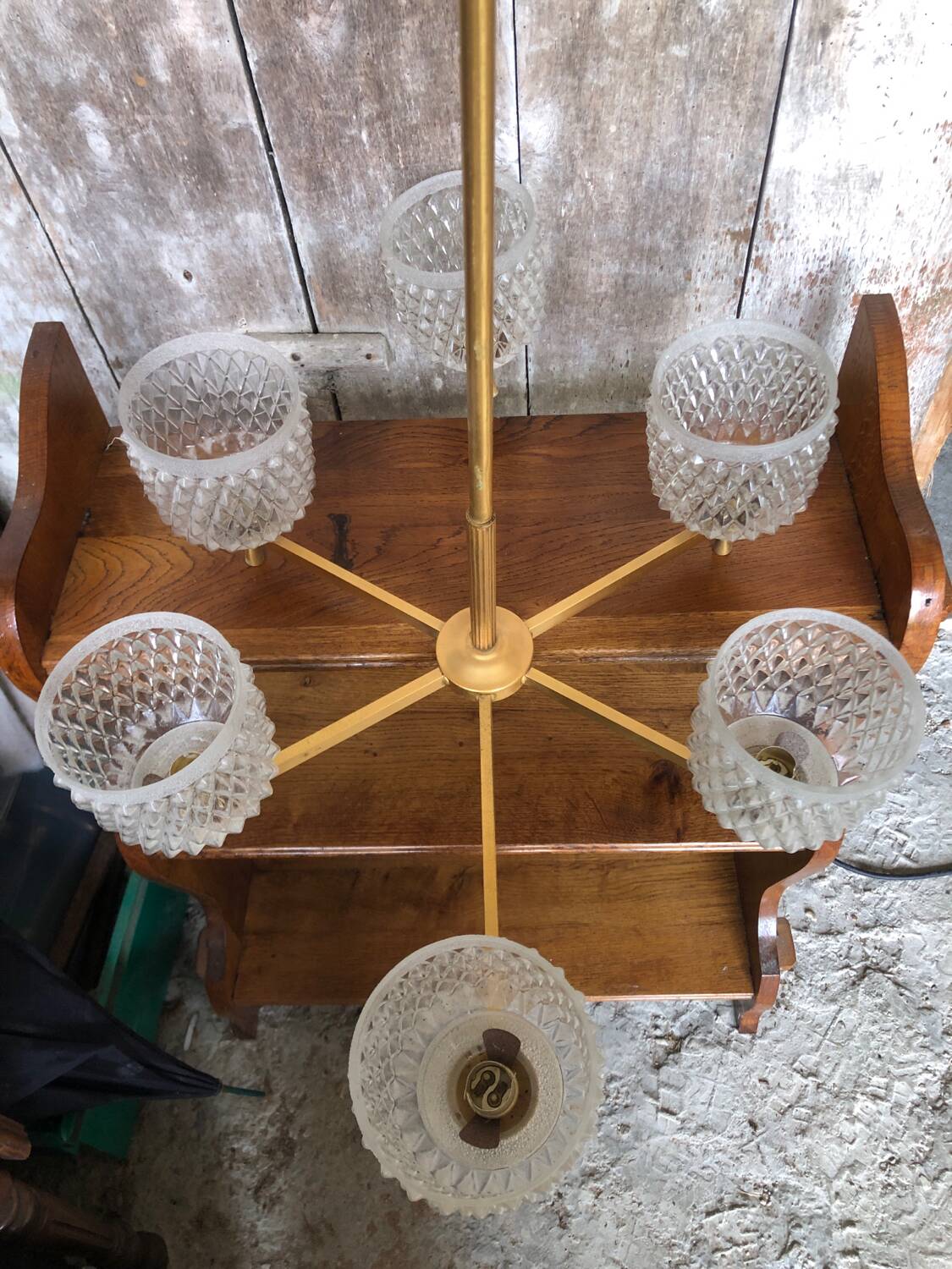 Old Chandelier 6 Lights Golden Metal + Molded Glass Reflector