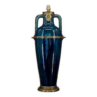 Art Nouveau blue ceramic vase lamp attributed to Paul Milet, circa 1900