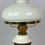 Kerosene lamp of patinated brass with shade of white opaline glass, 1860