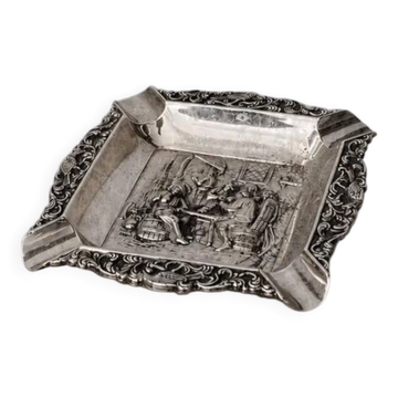 Antique silver-plated ashtray, decorated with repoussé scenes of a tavern, pin tray.