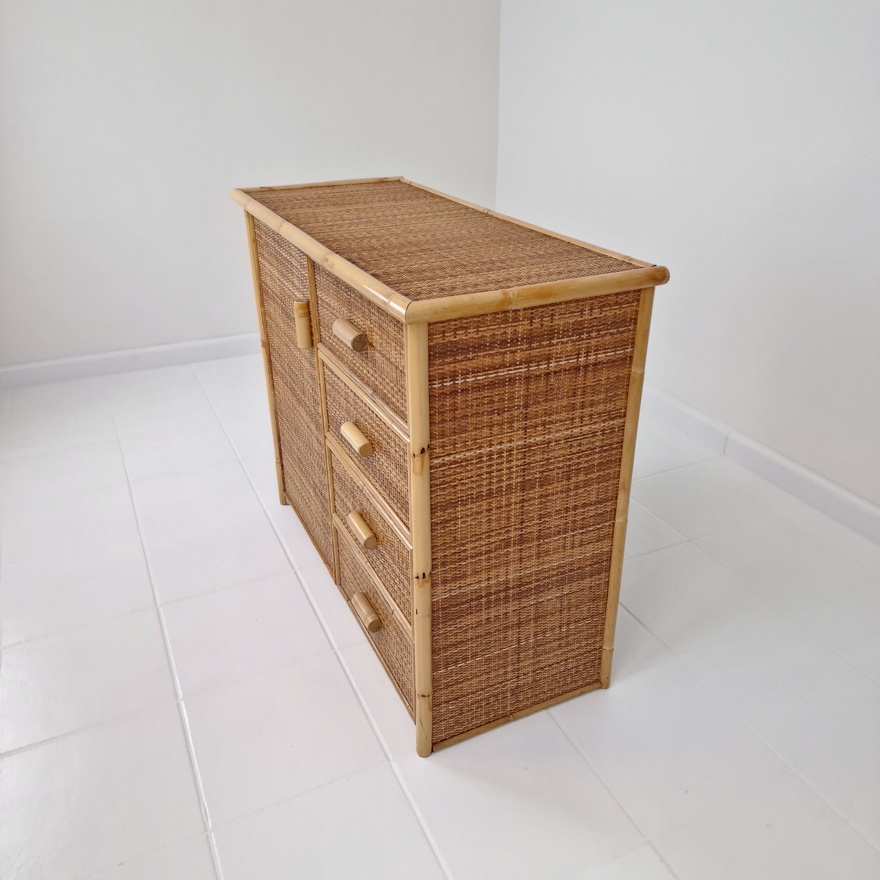 Commode ou crédence italienne en bambou et rotin, années 1980
