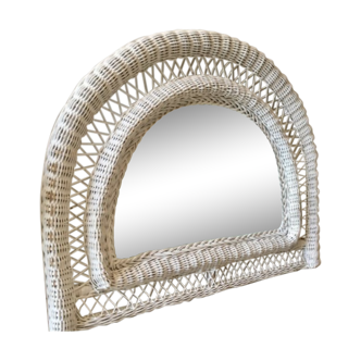 Vintage half-moon white rattan mirror