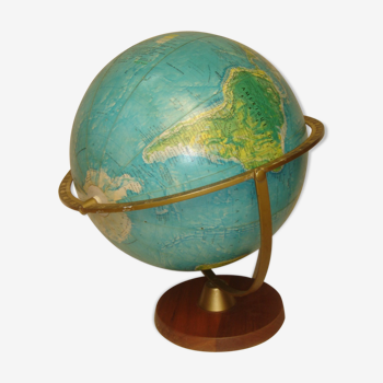 Globe terrestre ancien de 1970 socle bois Danemark