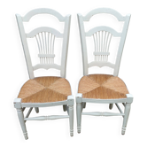 Paire de chaises paillées  bois teinté blanc gerbe