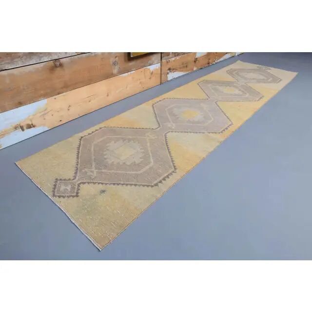 1970s Turkish Oushak handmade beige runner rug 92x344