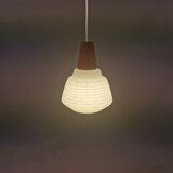 Lamp in white glass with teak top. It is Danish and estimated from the 1970s-1980s.