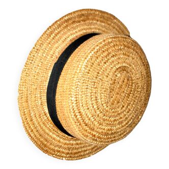 Vintage straw hat canotier retro woven straw and black gallon 26x30cm