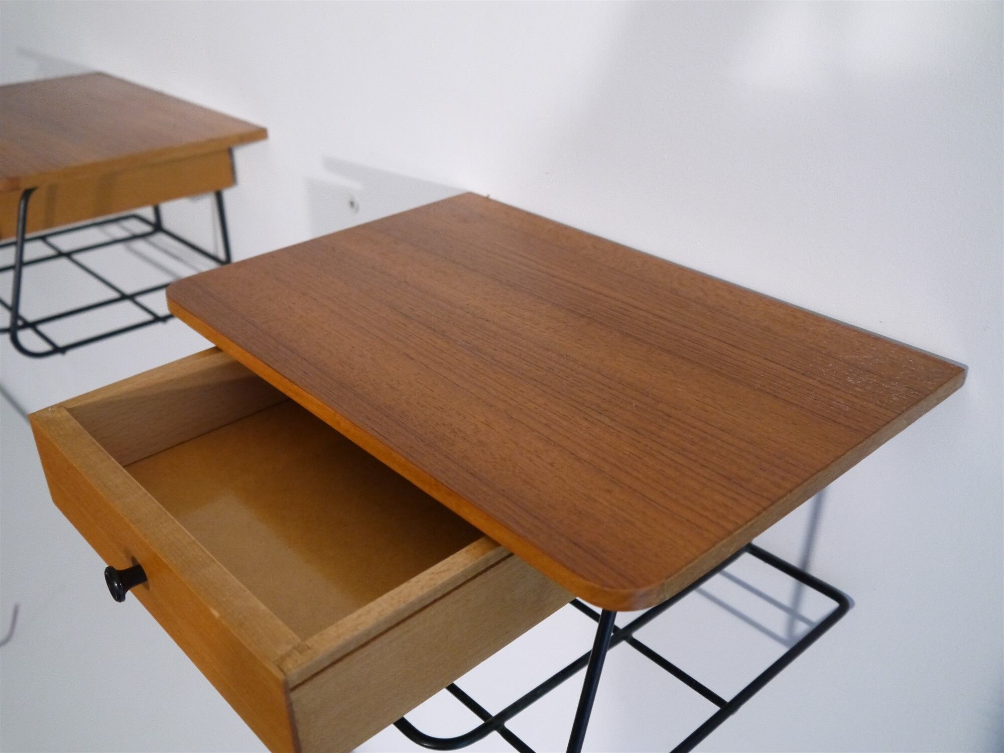 Scandinavian vintage hanging bedside pair in teak and metal