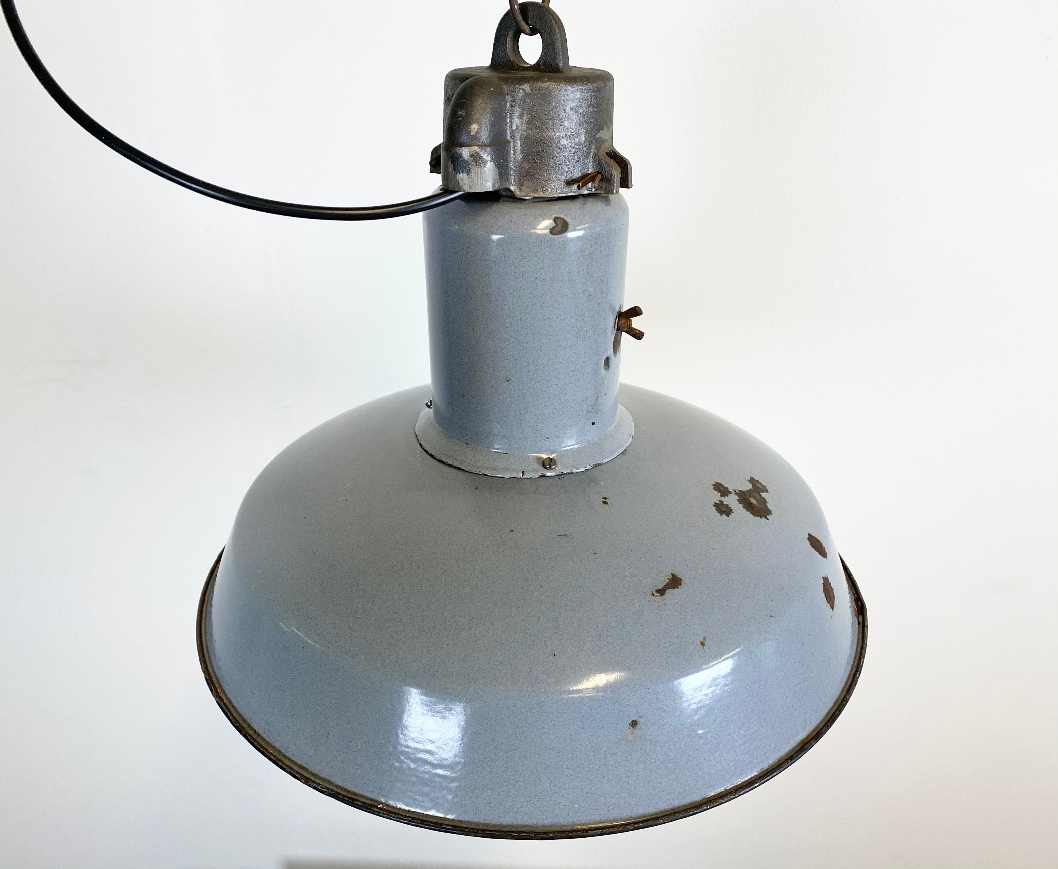 Midcentury grey enamel industrial ceiling lamp, 1950s