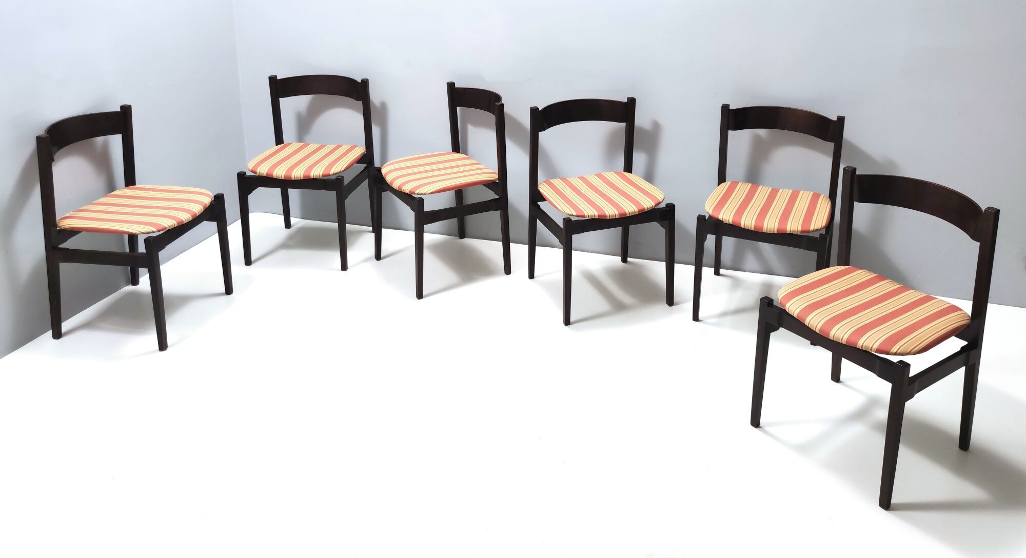 Vintage Set of Six Walnut Chairs by Gianfranco Frattini for Cassina with Stripe Patterned Orange Fab
