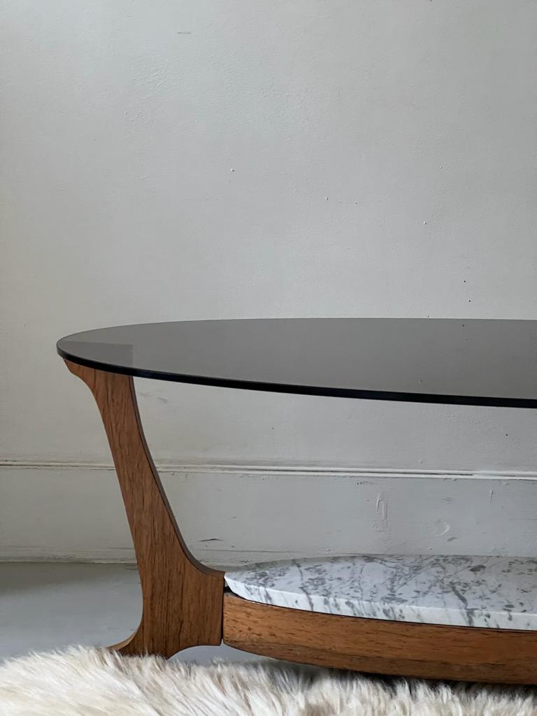 Table basse en verre marbre et bois, Hugues Poignant 1970