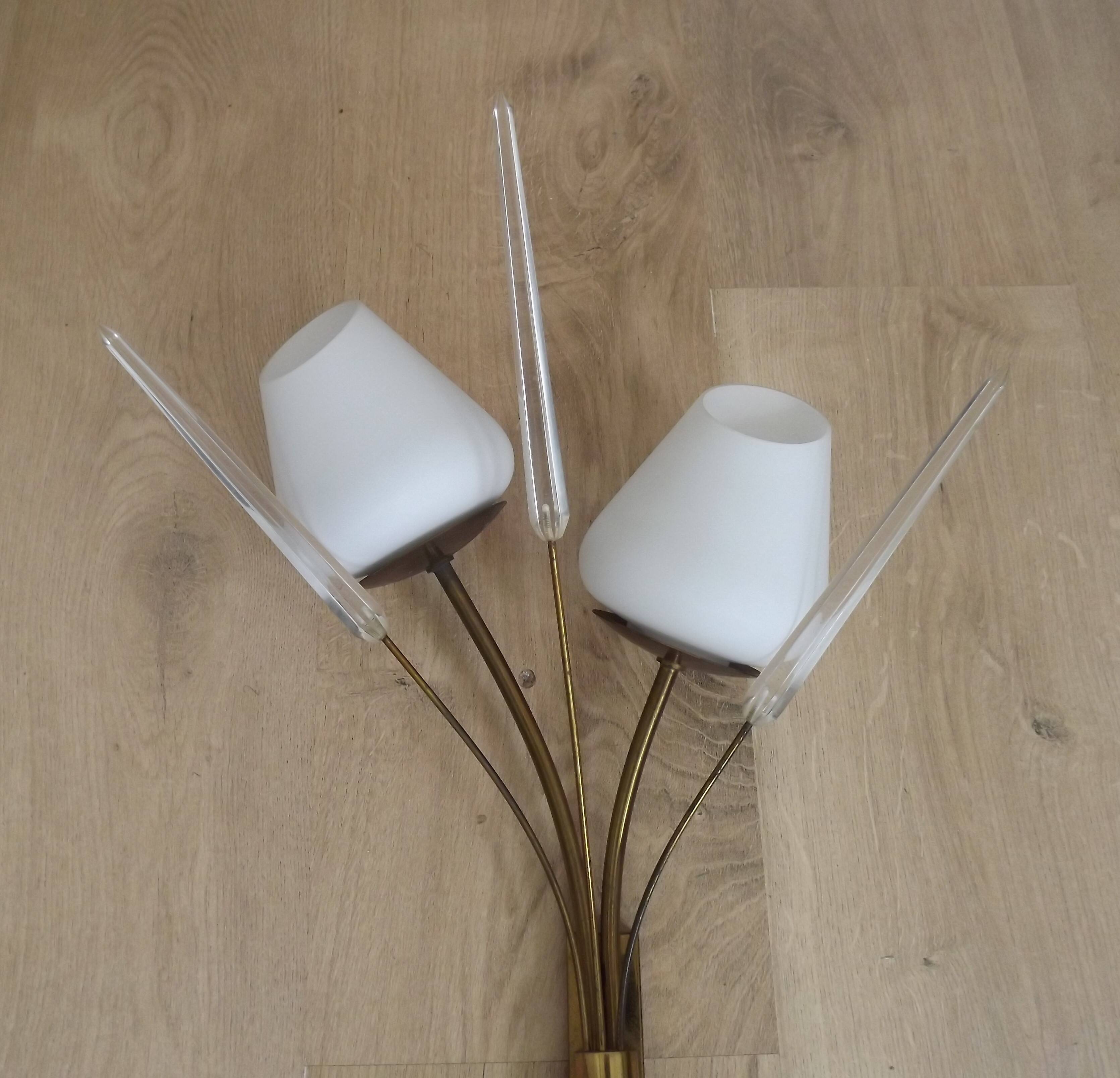 Mid-Century French Brass Sconces • Bullrush Design • Opaque Glass Shades