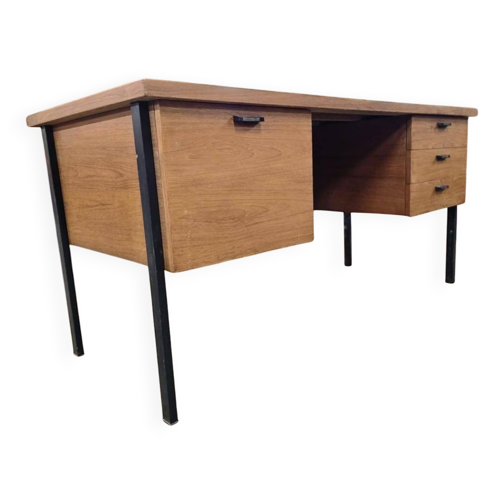 Vintage wooden desk with black steel frame